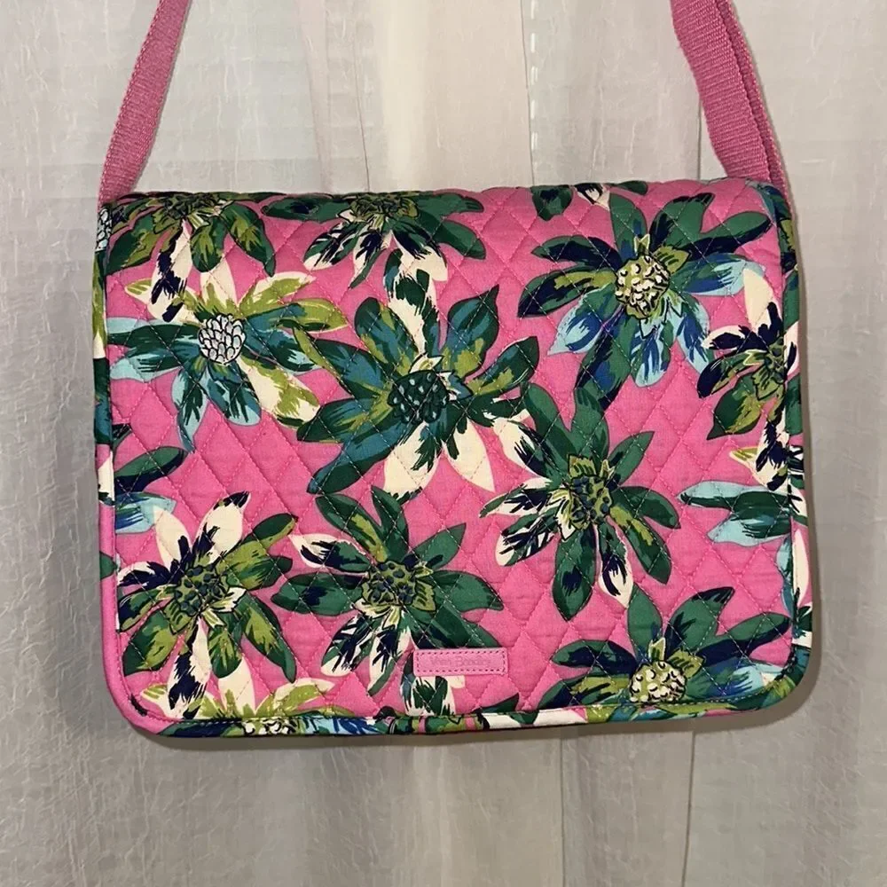 Vera Bradley LightenUp Tropical Paradise Pink Green Beige Messenger Shoulder Bag